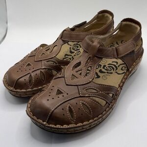 Propet Brown Leather Laser Cut Mary Jane T-Strap Comfort Flats Womens 8.5